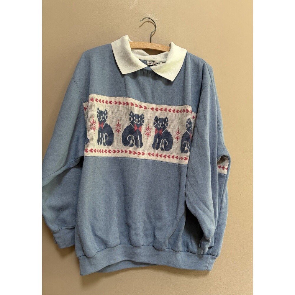90s Vtg Separate Issue Blue Sweatshirt Cats Cat Lady Grandma Cottage Core Sz 26W
